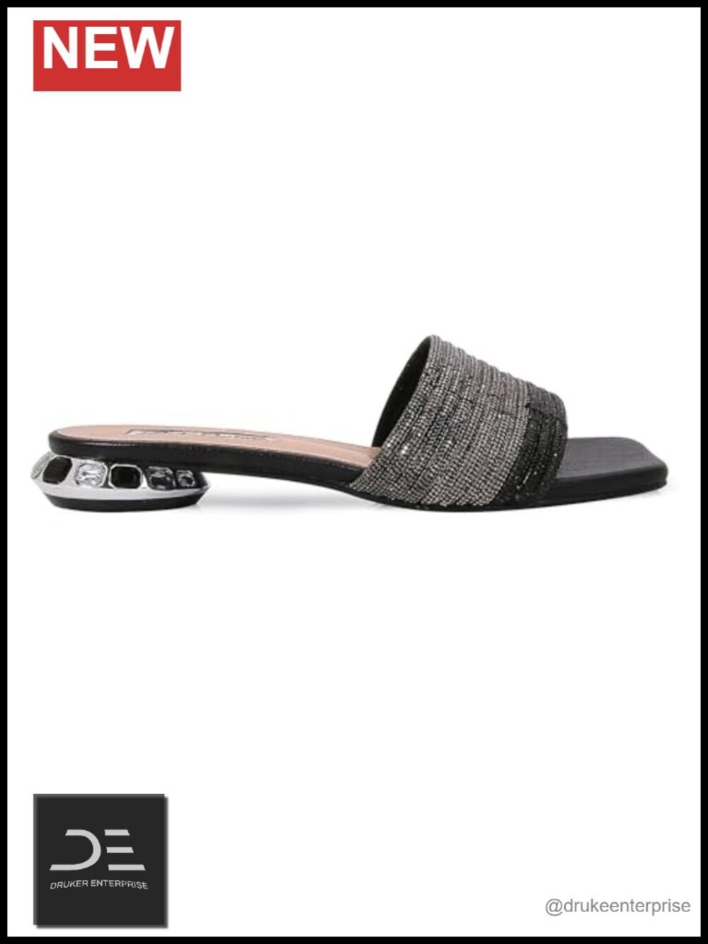 Rhinestone Square Toe Slide Sandals with Low Heel